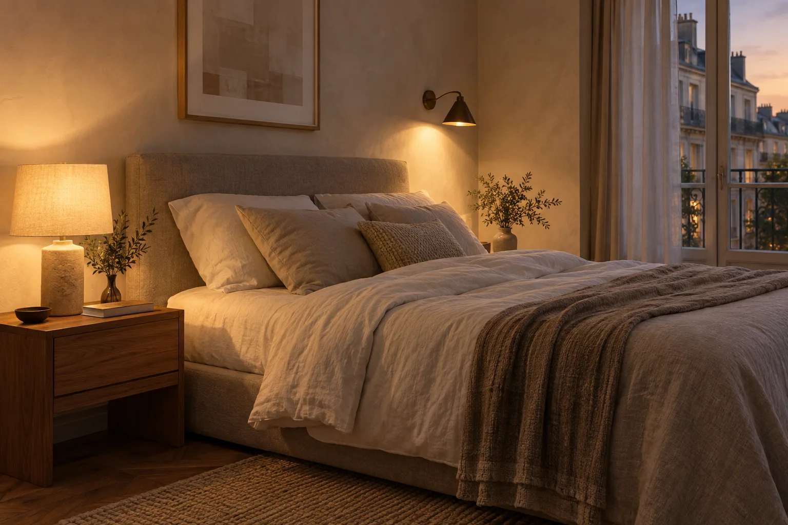 Warm layered bedroom lighting