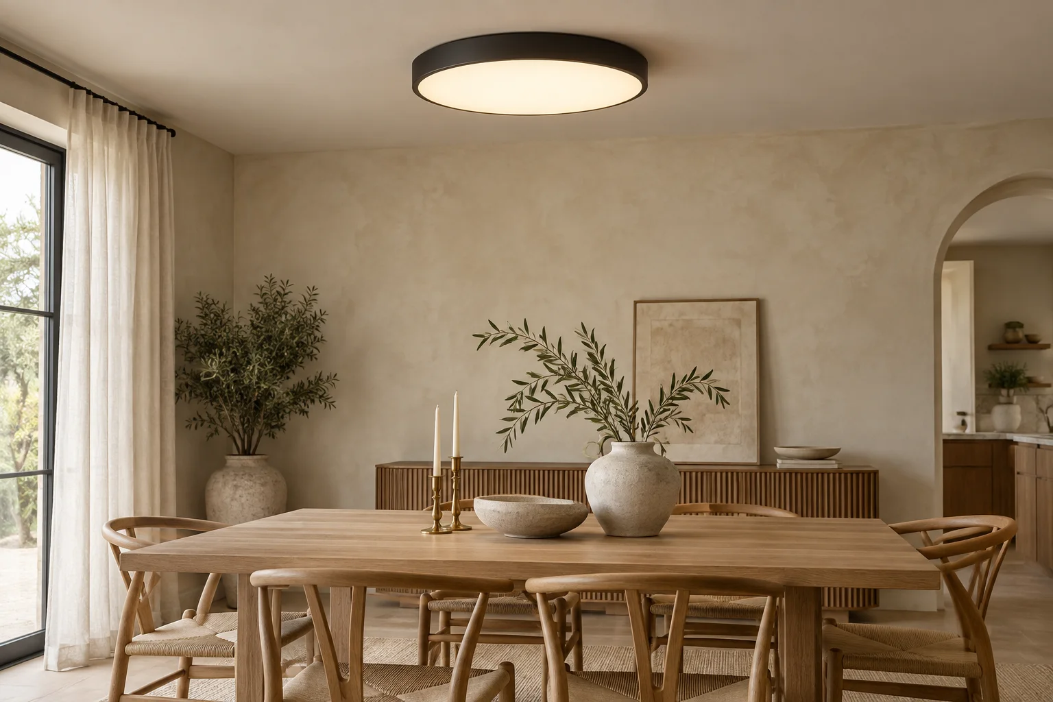 Low-profile black ceiling light in a warm dining room
