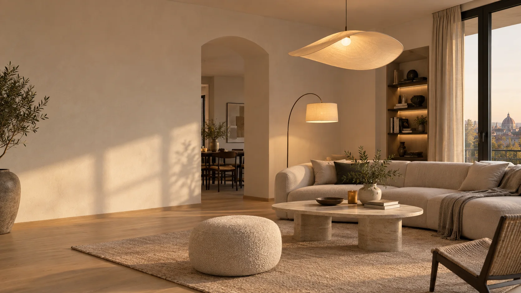 Warm modern living room with layered ambient lighting